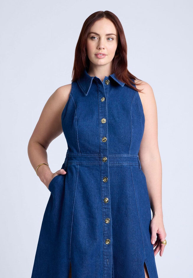 Sleeveless Denim Midi Dress , MEDIUM WASH, alternate image number null