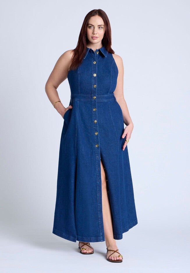 Sleeveless Denim Midi Dress , MEDIUM WASH, on-hover image number null